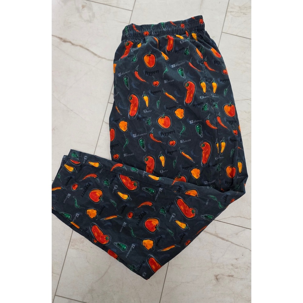 Chef Works Mens 4XL Chili Pepper Print Kitchen Pants Black Cotton Elastic Waist